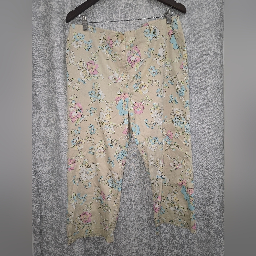Oscar Dw La Renta Floral Print Beige Pants Size 14 - Picture 3 of 7